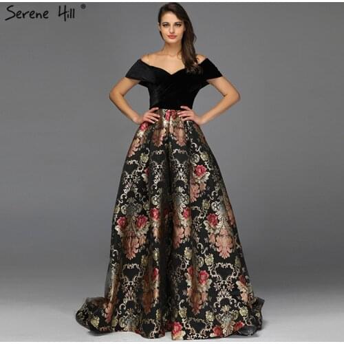 Black Off Shoulder 3D Flowers Evening Dresses 2019 Real Photo Short Sleeve A-Line Sexy Evening Gowns Serene Hill DLA70016