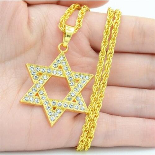 Hip Hop Jewish Crystal Star of David Pendant Necklace For Men Gold Color Stars Necklaces Male Religious Jewelry Judaism Gift