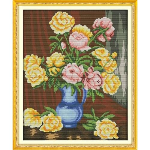 The peony vases (3) cross stitch kit flower 14ct 11ct printed fabric canvas stitching embroidery DIY handmade needlework