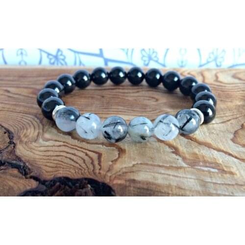 Black Tourmaline & Quartz Healing Bracelet, Wrist Mala Beads, Crystals Gift, Protection + Emotional Balance + Anxiety Relief