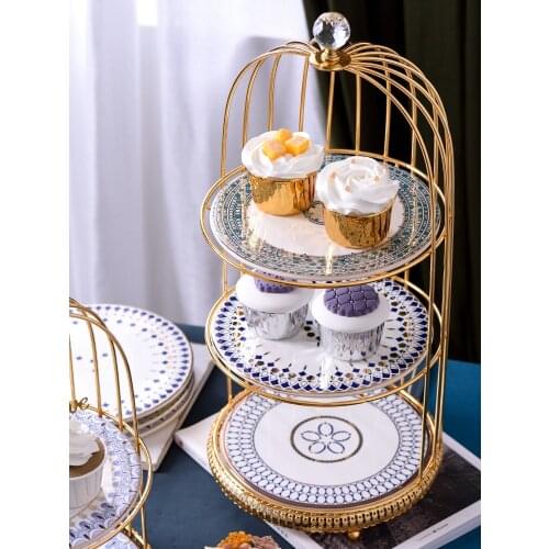 Metal Birdcage Fruit Ceramic Plate Cake Candy Dessert Storage Container Stand Rack Holder Home Party Festival Cake Tool Supplies