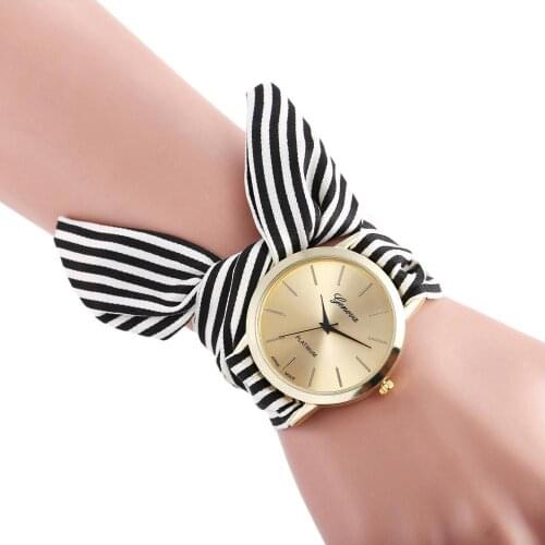 Fashion Ladies Watch Striped Floral Cloth Bow Student Quartz Round Dial Tied Hands Watch Holiday Gift