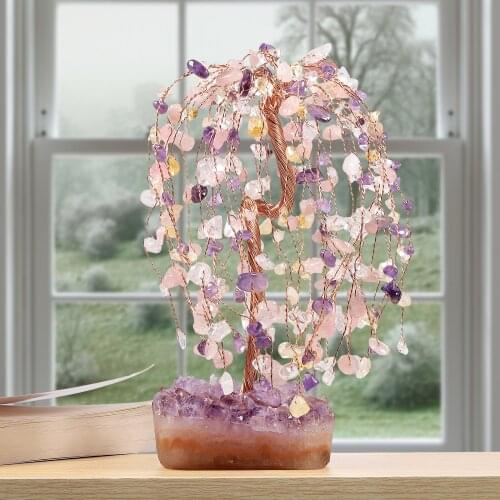 TUMBEELLUWA Natural Crystal Money Luck Tree Copper Wire Wrapped Amethyst Cluster Base Quartz Mineral Ornaments Home Decoration
