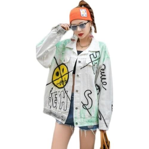 2021 New White Hand-painted Graffiti Loose Denim Jacket Free Shipping