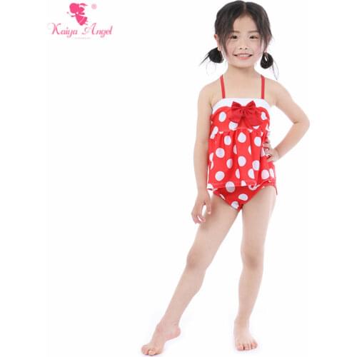 Kaiya Angel New Girl Swimwear Summer Beach Suits Polka Dot Bow One Pieces Cute Lovely Style Ruched Toddlers Factory Wholesale