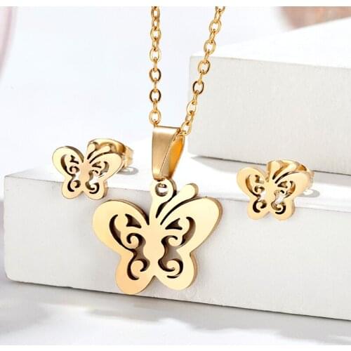 Simple stainless steel earrings necklace set insect butterfly earrings pendant jewellery set women girls clavicle chain gift Hot
