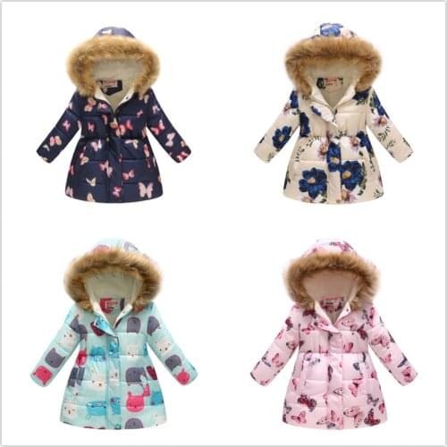 2019 Fleece Girls Down Jackets Thick Winter Children Coat Hooded Outfits Floral Baby Girl Outerwear Clothes Kids Overcoat 4-11Y