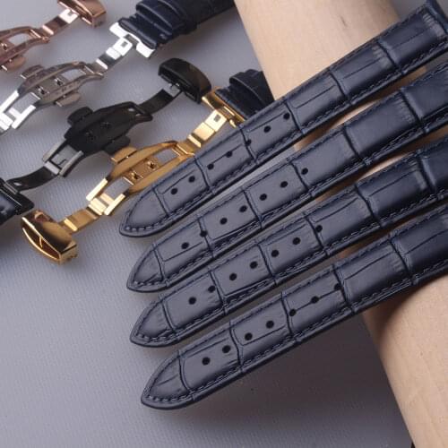 New Genuine Leather Dracelet Dark Blue Watch Straps Butterfly Clasp Watchband 12mm 14mm 16mm 18mm 20mm 21mm 22mm 23mm Watch band