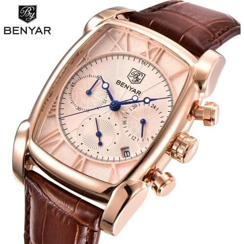 BENYAR Luxury True six-pin Quartz Watch Classic Rectangle Case Sports Chronograph Mens Watches Rose Gold erkek kol saati