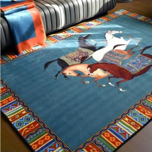 Modern Carved Velvet Living Room Carpet Orange Horse Pattern Area Rugs Light Luxury Bedroom Bedside Decor Non-Slip Floor Mat