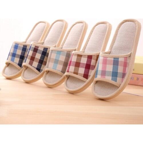 Women Casual Gingham Indoor Home Slippers Couples Soft Slippers Spring Autumn Flip Flops Female Linen Slides Slipper For Bedroom