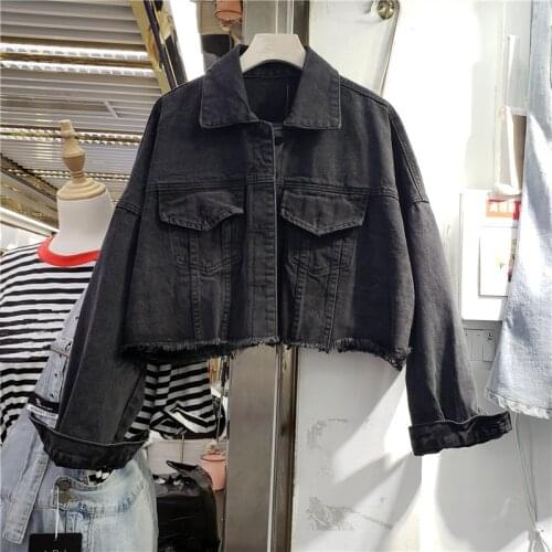 Vintage Women Short Batwing Sleeve Black Denim Jacket Autumn 2021 Loose Single-breasted Casual Long Sleeve Jeans Jacket Female