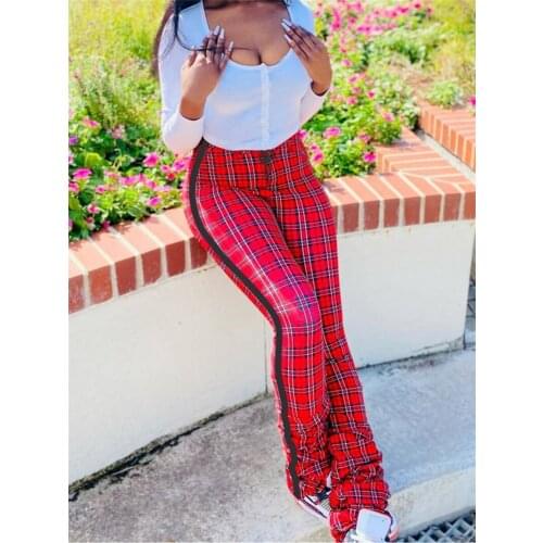 2021 Women Plaid Print Stacked Pants Elastic High Waist Fashion Casual Slim Pleated Trousers Female Clothing Streetwear Outdoor
