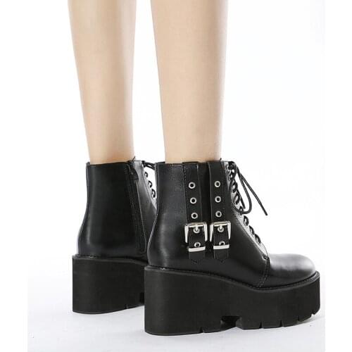 Women Autumn Ankle Boots Lace Belt Buckle Gothic Black Woman Boots Platform Punk Boots Chunky Party Dress Ladies Shoes Zipper