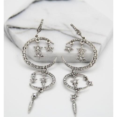 YaYi Jewelry Fashion BOHO Gray Glass Crystal Dangle Women Ancient Gold Color Wear Ear Band Long Tassel Stars Moon Earrings