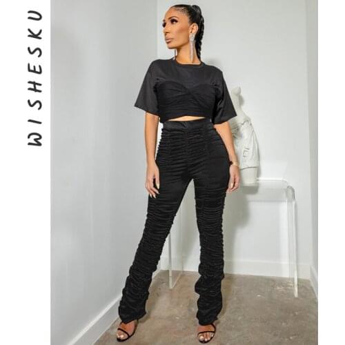 2 Piece Sets Women 2021 Summer High Waist Pleated Stacked Pants Suit Jogging Femme Black Short Tops Matching Sweatpants Outfits