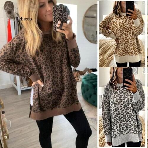 Knitted Leopard O-neck Sweater Women Loose Knitted Tops Autumn Winter Long Sleeve printed Fashion pullover Jersey mujer pull XL