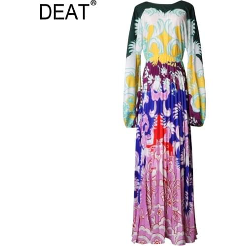 DEAT Walked Dress Woman Multicolor Print High Waist Pleated Elegant Full Sleeve Floor Long Bohemian Style 2021 New Autumn AM391