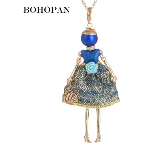 Blue Doll Necklace Women Lovely Flower Dress Doll Pendant Gold Long Chain Statement Jewelry collares Girl Best Gift 2018 New