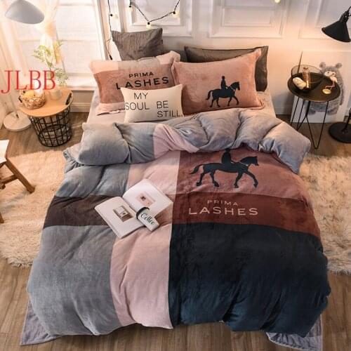 Winter Fashion Warm Bedding Set Printed Duvet Cover 3/4pcs Horse Coffee Christmas Bedclothes Soft Fleece Thicken Linens Reindeer
