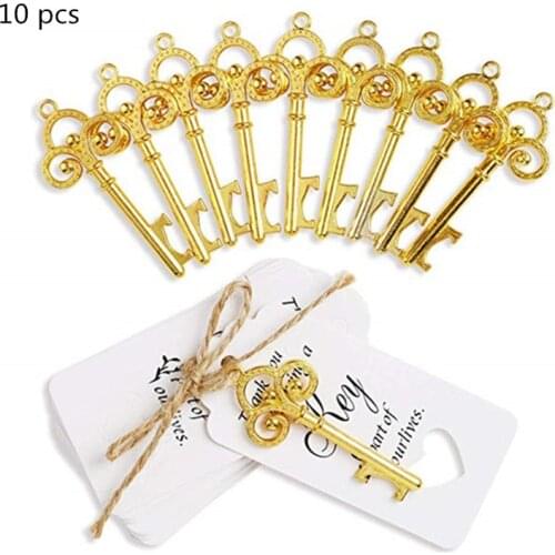 10pcs Gold Wedding Bottle Key Opener with Tag Antique Copper Bottle Key Opener Wedding Souvenir Decor Gift Party Favor Supplies