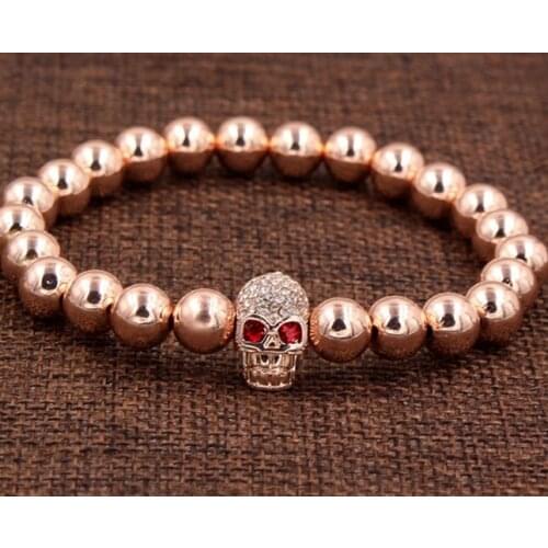 8mm h gold silver Copper cz zircon cubic zirconia elastic adjusted Charm nature stone hematite skull Bracelet