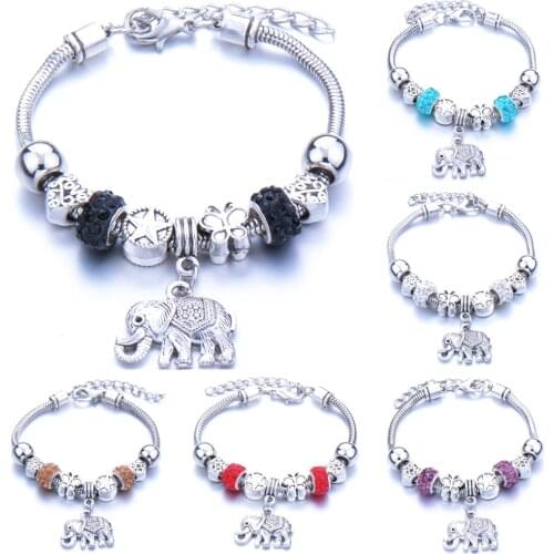 Antique Original Heart-Shaped Elephant Charm Bracelets For Women Glass Beads Brand Bracelet & Bangle DIY Jewelry Gifts