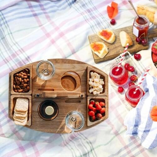 Wooden Outdoor Folding Picnic Table With Glass Holder Round Foldable Desk Wine Glass Rack Collapsible Table For Garden Party