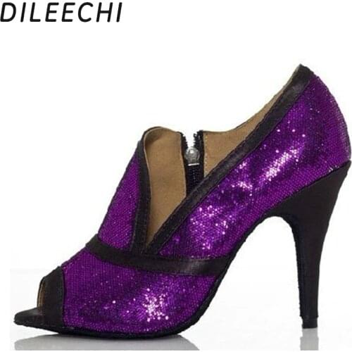 DILEECHI Female adult Purple Sequin womens Latin dance shoes soft outsole high-heeled 8.5cm party Square dance shoes
