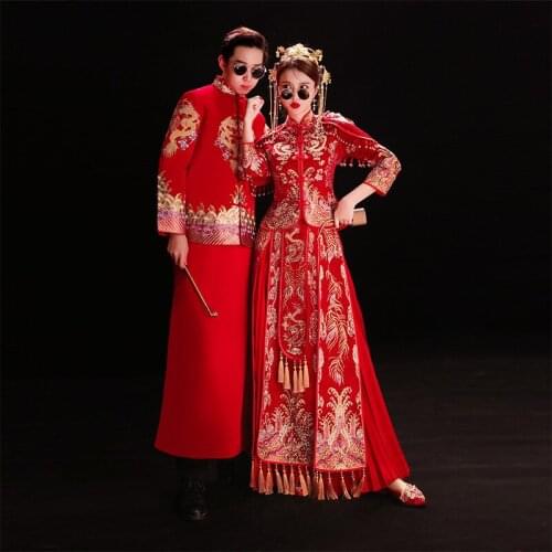 FZSLCYIYI Oversize 3XL Red Bride Dress Wedding Dress Retro Chinese Marrige Cheongsam Bride Toast Clothing Long Section Dress