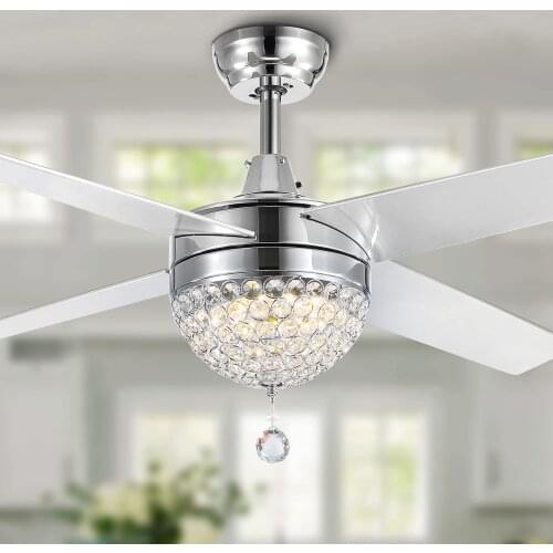 Crystal Ceiling Fan Light Modern Chrome Chandelier 4 Reversible Wood Blades with Remote Control LED for Dining Room Bedroom
