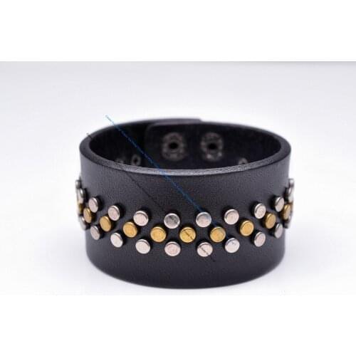 Motocycle Biker Hiphop Rock 3 Row Antique Stud Rivet Quality Wide Black Cowhide Leather Bracelet Wristband Cuff Bangle