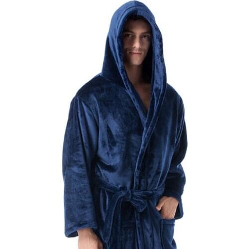 Mens Winter Lengthened Plush Shawl Bathrobe Home Clothes Long Sleeve Hooded Robe Coat Bath Robe Peignoir Homme Peignoir Homme