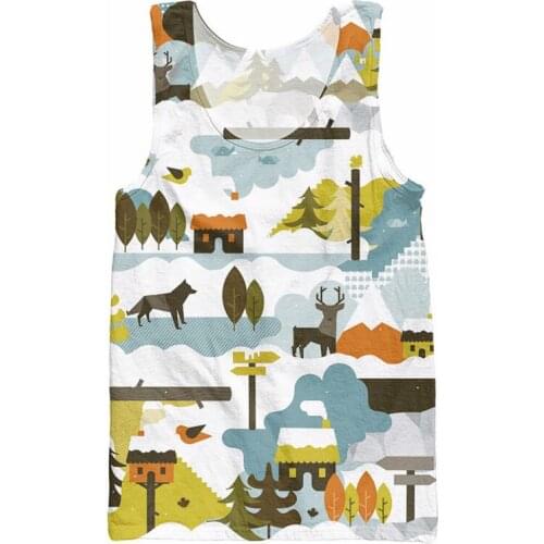 Forest Men Tank Tops Simplistic Illustrations Of Deer Wolves Mountains 3d Print Stringer Vest Summer Sleeveless Shirt For Unisex