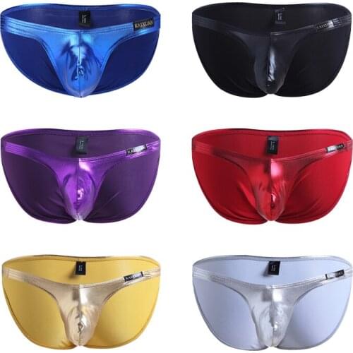 Mens underwear imitation leather sexy panties patent leather sexy low-waist U convex pockets sexy mens briefs alternative