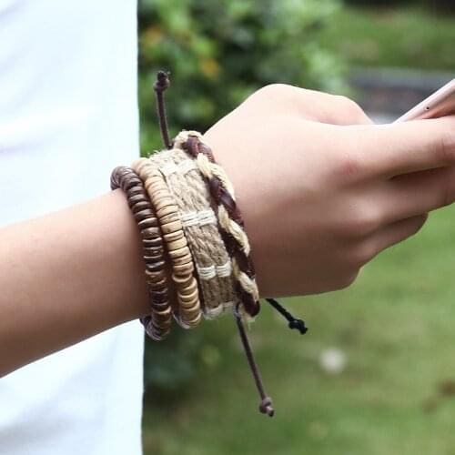 Natural Vintage Multi-layer Bracelet Handmade Coconut Shell Beads DIY Jewelry Bangles Hemp Rope Wristband Leather Men Bracelets