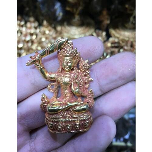 Nepal tibet bronze gold carved small buddhism hold sword Manjusri Bodhisattva