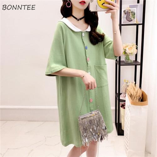 Nightgowns Women 3XL Loose Turn-down Collar Patchwork Half Sleeve Knee Length Plus Size Korean Style Students Sleepshirts Chic
