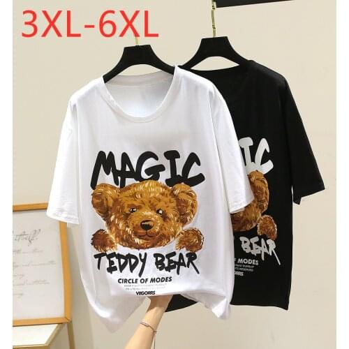New 2021 Ladies Summer Plus Size Tops For Women Large Short Sleeve Loose Cotton White Print Cartoon T-Shirt 3XL 4XL 5XL 6XL