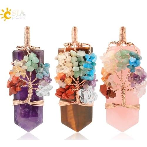 CSJA 7 Chakras Tree of Life Necklace Women Men Wire Wrap Sword Natural Stone Pendant Rose Purple Crystal Quartz Necklaces G785