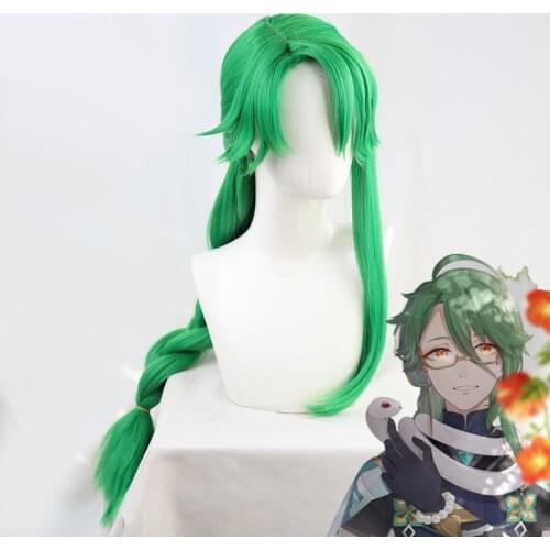 Genshin Impact Cosplay BAIZHU Wig Removable Bun Baishu Green 90cm Long Braided Ponytail Heat Resistant Role Play Hair+ Wig Cap
