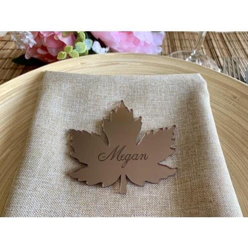 Personalized Laser Cut Leaves Wedding Place Cards Mirror Acrylic Maple Leaf Shapes Custom Engraved Name Tags Autumn Thanksgiving