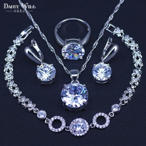Promotion white crystal & cubic zircon silver color jewelry earrings ring necklace bracelet set for women pretty gift