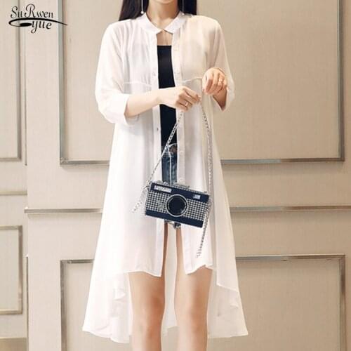 2021 Plus Size Chiffon Fashion Cardigan Boho Black White Shirts Summer Chiffon Blouse Women Stand Collar Loose Tops Blouses 4534