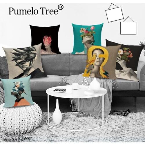 Vintage Woman Cushion Cover Abstract Girl Decorative Pillow Case Linen Colorful Throw Pillow Cover for Sofa Home Decor Cojines