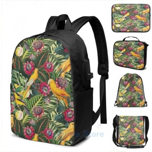 Funny Graphic print Vintage Tropical Yellow Bird Jungle Garden USB Charge Backpack men School bags Women bag Travel laptop bag