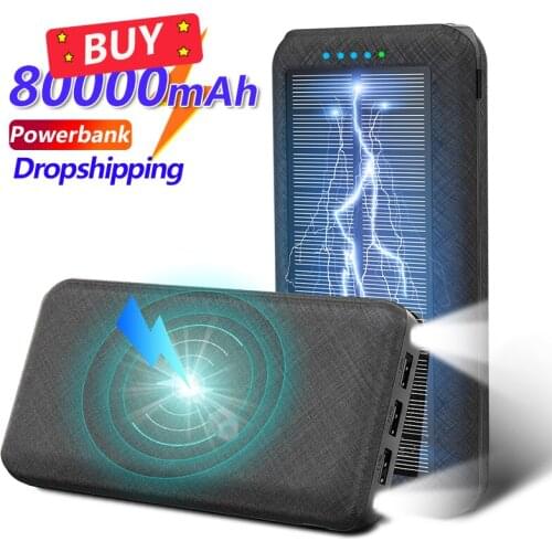 80000mAh Mobile Power Bank Solar Wireless Portable Charger Outdoor Fast Charge External Battery for Xiaomi Samsung IPhone