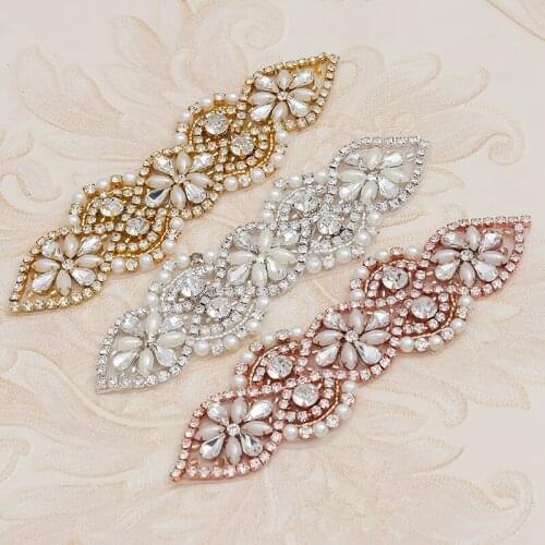 YANSTAR 10pcs Wholesale Rhinestones Appliques With Protein Beads For Wedding Dress Sash Clear Rose Gold Crystal Patch YS874