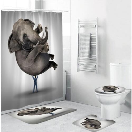 Funny Elephant Fabric Shower Curtains Bathroom Curtain Set Non-Slip Rugs Toilet Lid Cover Bath Mat Carpet Sets Home Decor