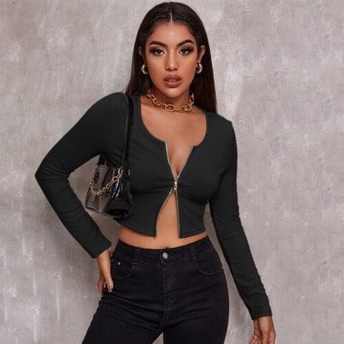 Autumn Spring 2021 New Womens Black White ZIpper Long Sleeves Tees Sexy Tops Crop T shirt Female Fashion Tshirt Clothes